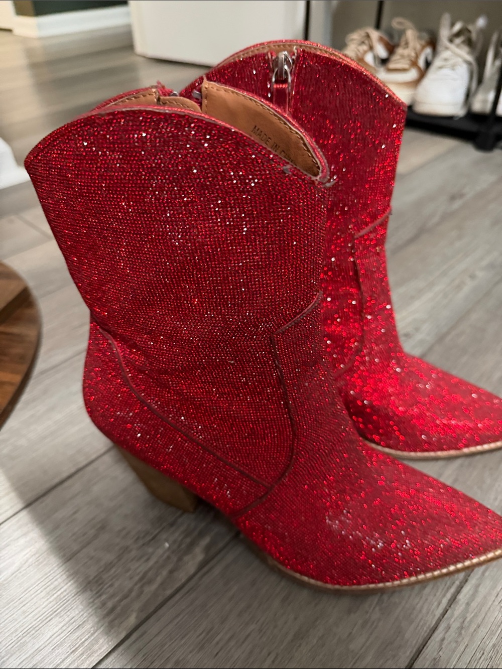 BEAST FASHION Red Glitter Western Ankle Boots